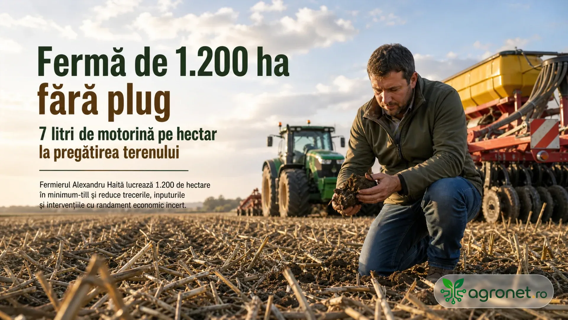 Fermier îngenuncheat pe un câmp cu resturi vegetale, ținând pământ în mâini, cu tractor și utilaj agricol în fundal.