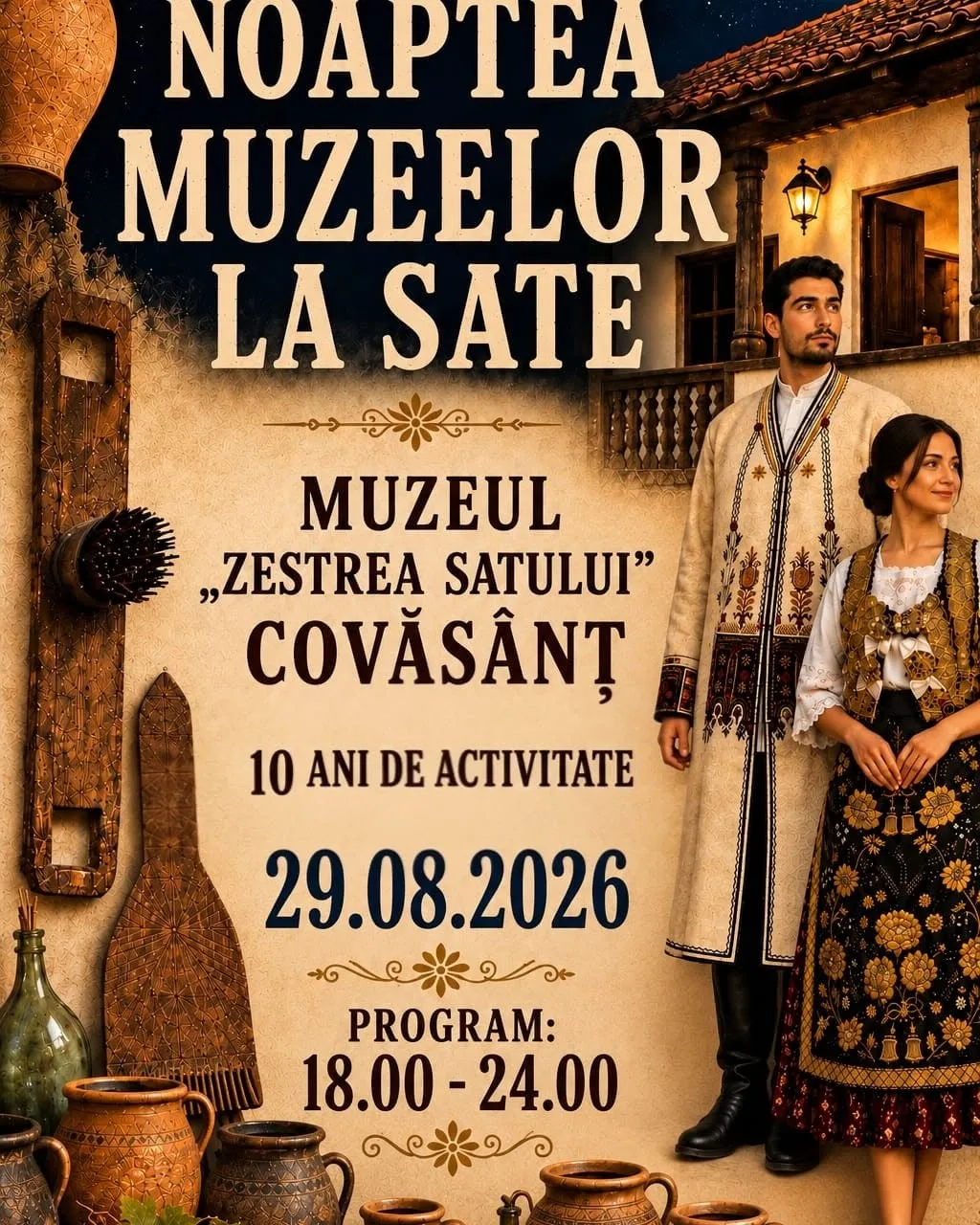 Afiș pentru Noaptea Muzeelor la Sate, cu doi tineri în costume populare
