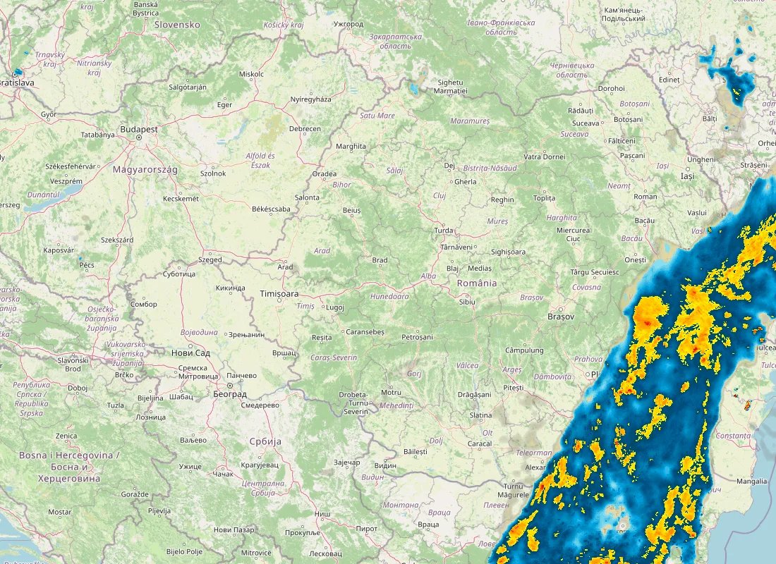 Hartă radar RainViewer cu precipitațiile din România pentru buletinul Meteo agricol România de la ora 05:00.