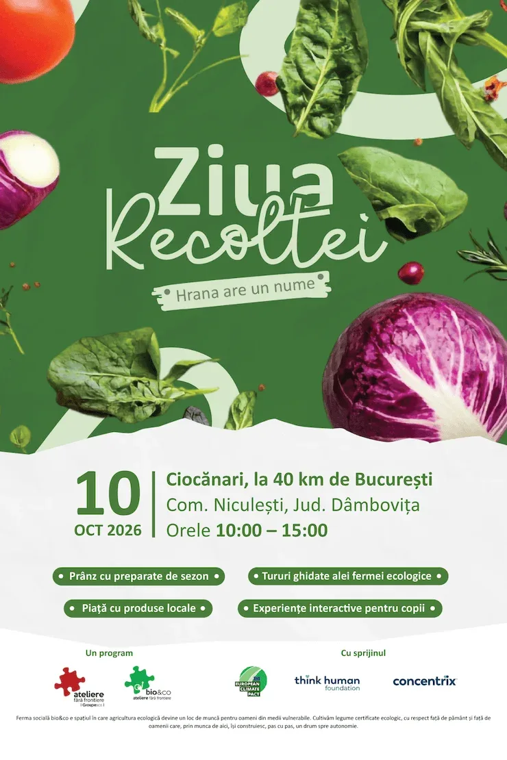 Afiș verde pentru Ziua Recoltei, decorat cu legume proaspete