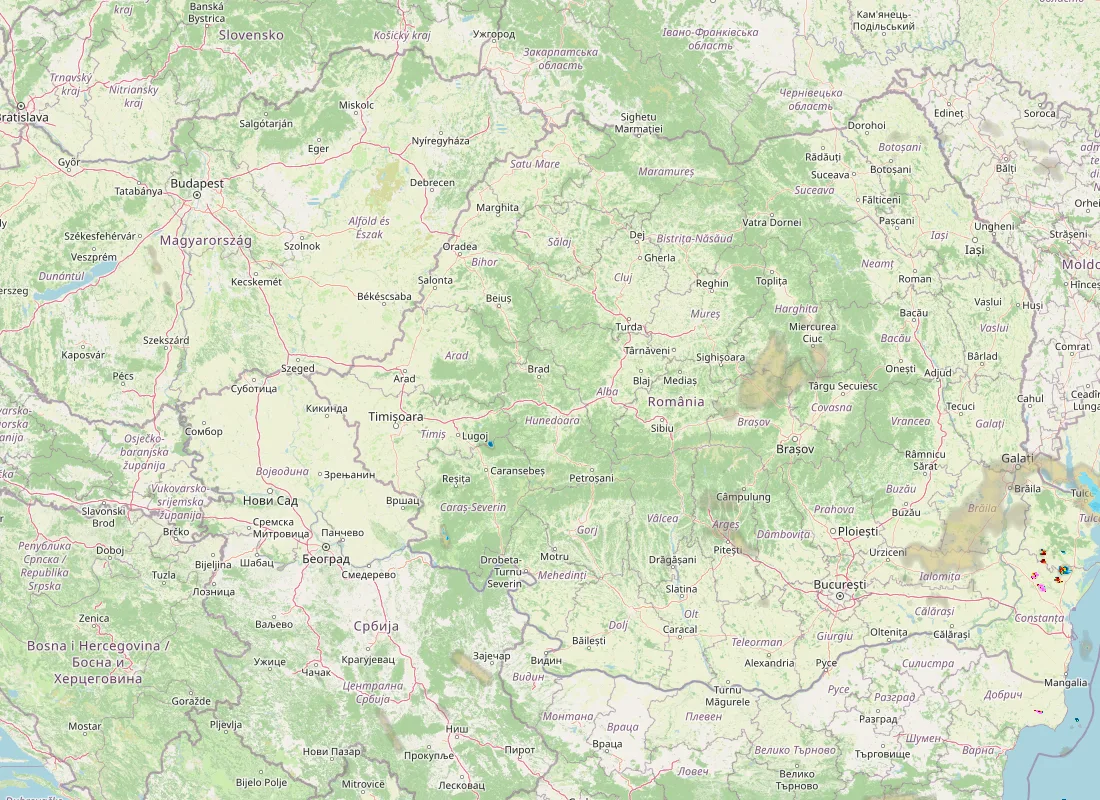 Hartă radar RainViewer cu precipitațiile din România pentru buletinul Meteo agricol România de la ora 21:00.