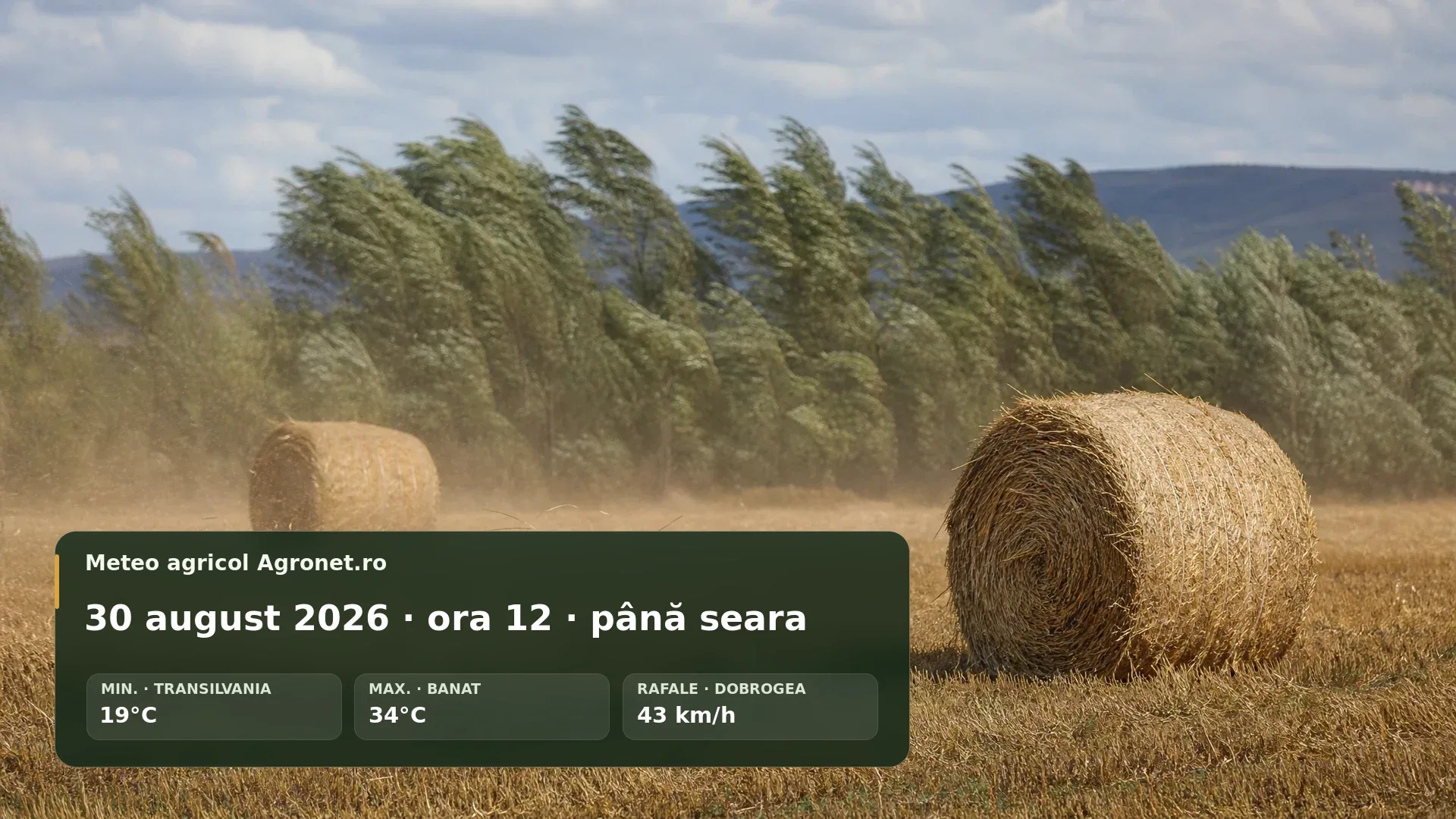 Lucrări agricole pe câmp sub cer variabil, cu vânt înaintea unei posibile averse