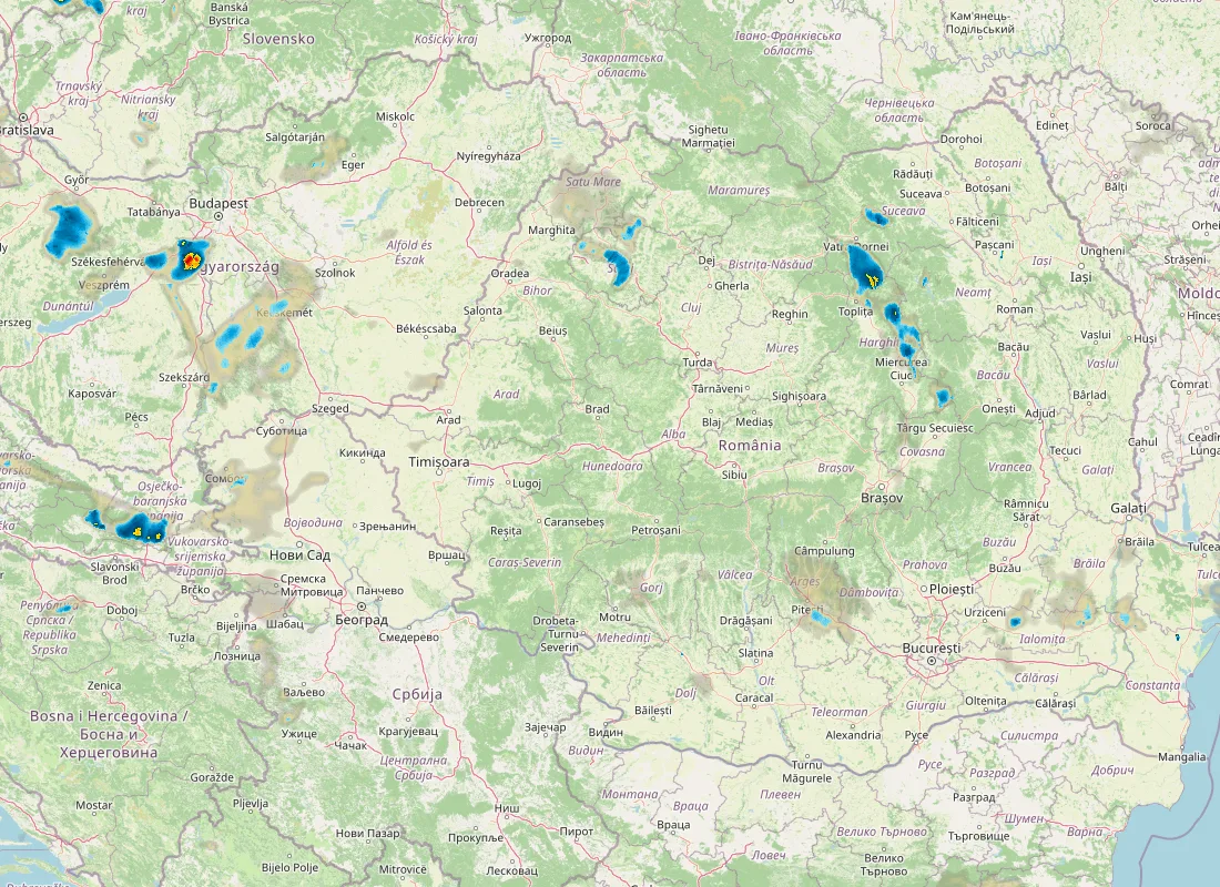 Hartă radar RainViewer cu precipitațiile din România pentru buletinul Meteo agricol România de la ora 21:00.