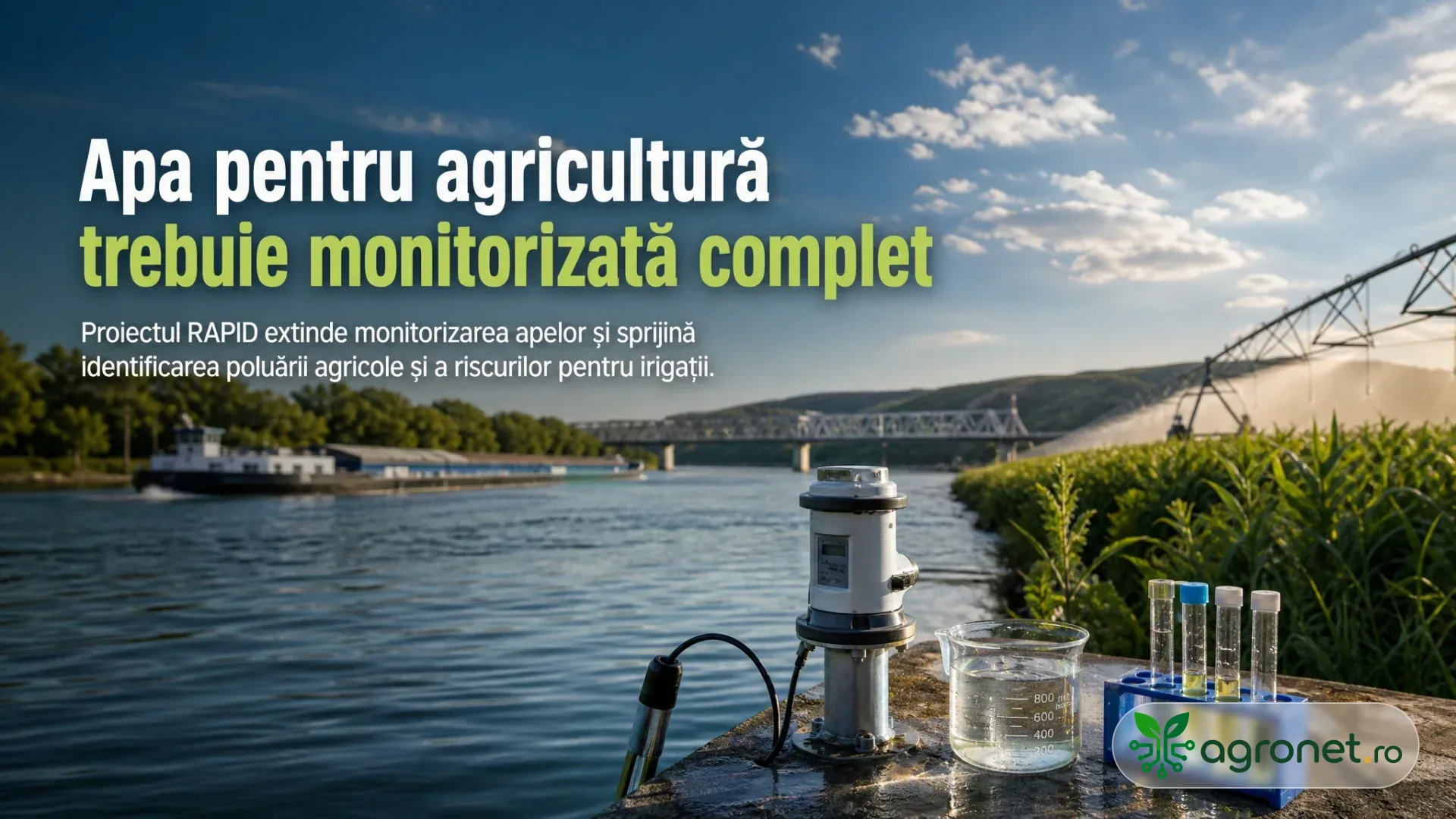 Echipamente de testare a apei pe malul unui râu, lângă o cultură irigată cu pivot.