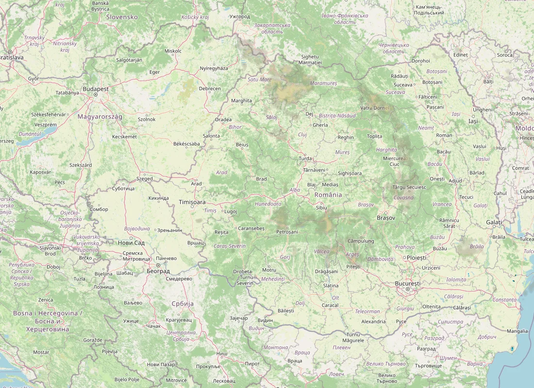 Hartă radar RainViewer cu precipitațiile din România pentru buletinul Meteo agricol România de la ora 05:00.