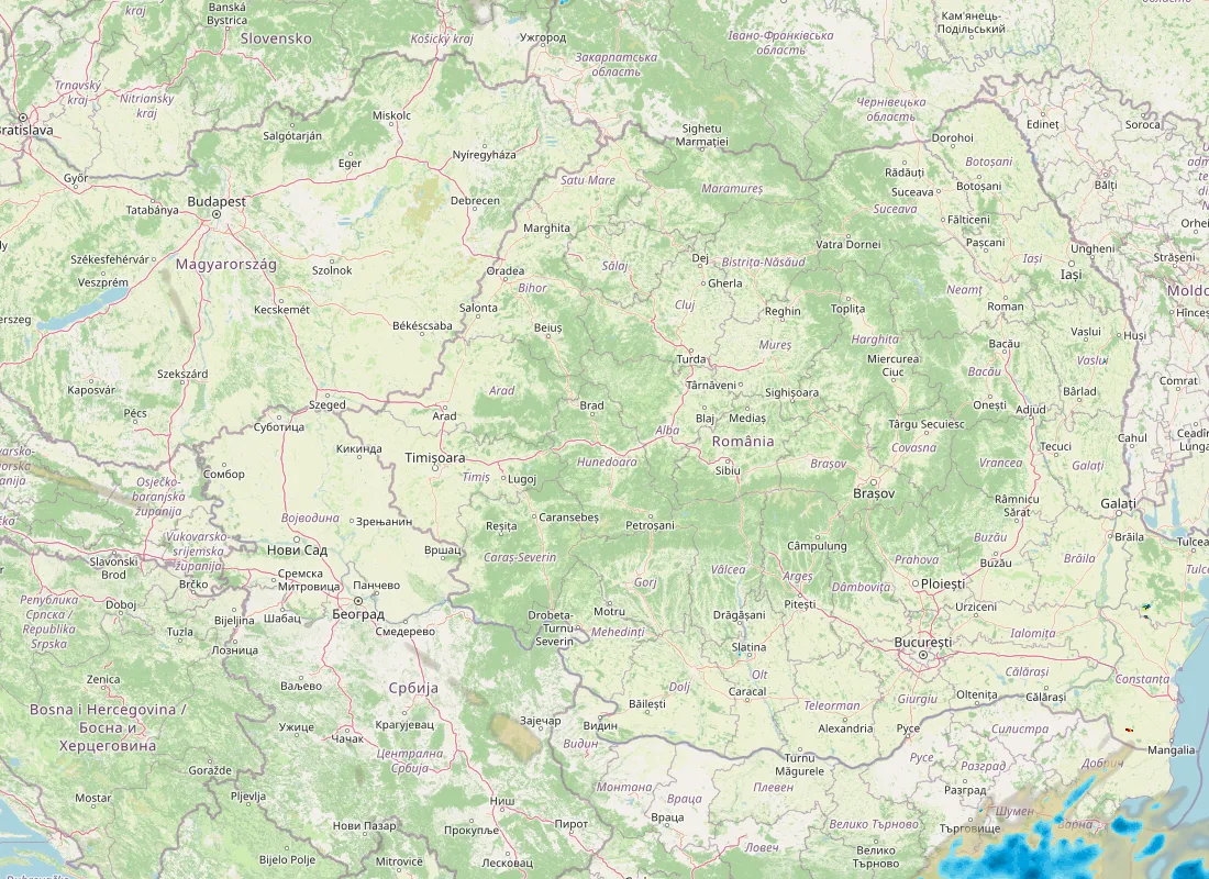 Hartă radar RainViewer cu precipitațiile din România pentru buletinul Meteo agricol România de la ora 18:00.