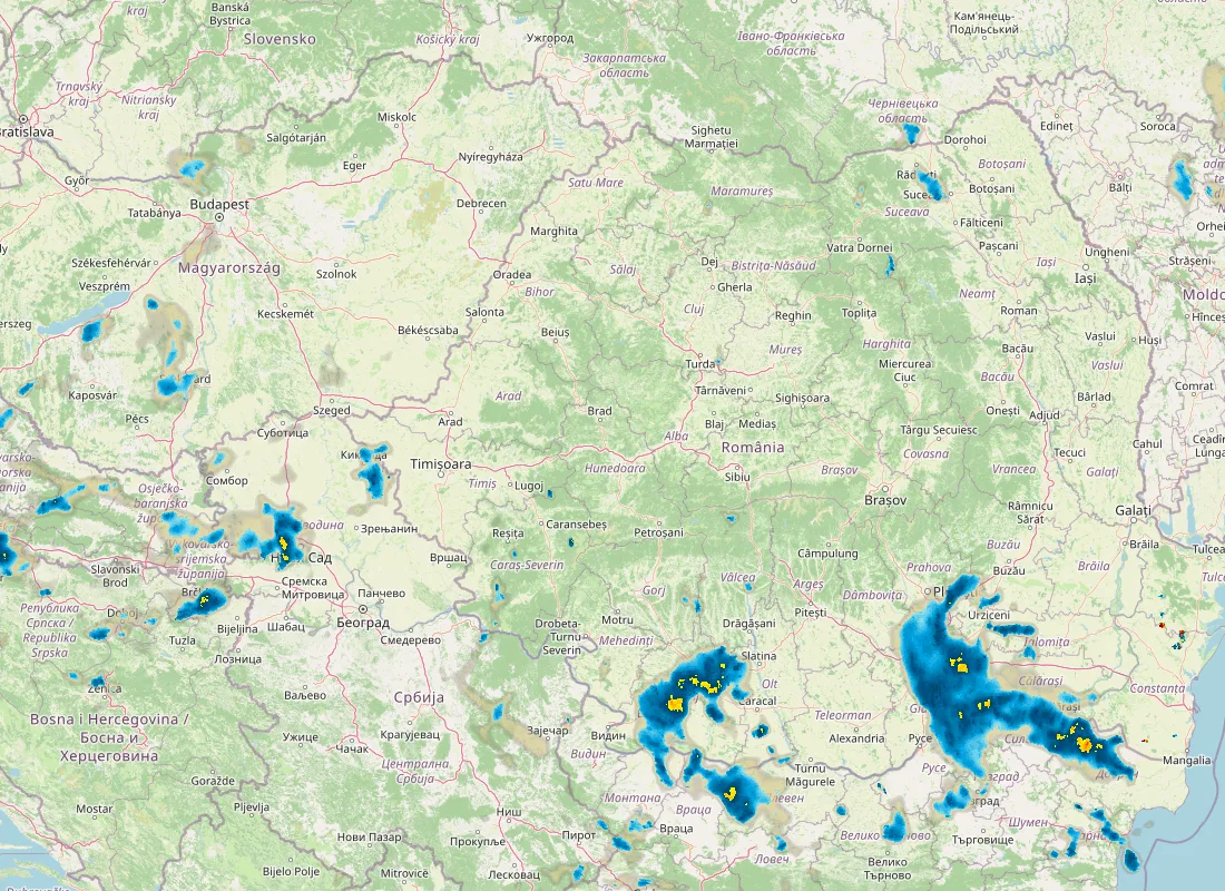 Hartă radar RainViewer cu precipitațiile din România pentru buletinul Meteo agricol România de la ora 21:00.
