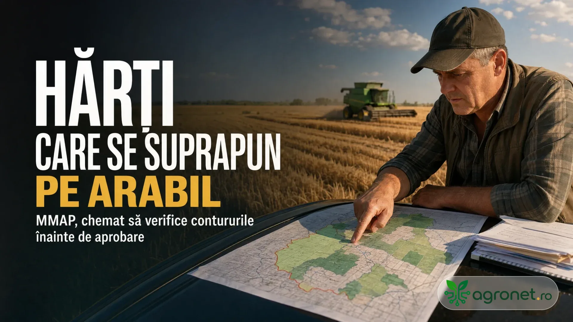 Un fermier indică o zonă pe o hartă întinsă pe capota unei mașini, lângă un câmp recoltat și o combină în depărtare.