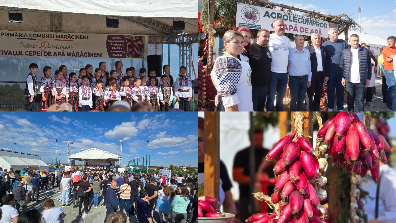 Colaj de la festival, cu copii în costume populare, public și ceapă roșie