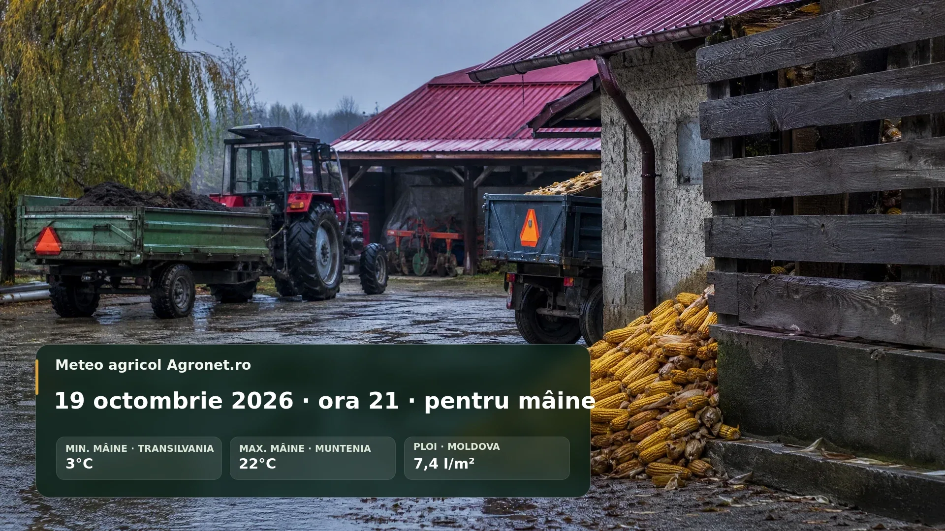 Câmp agricol de toamnă sub cer înnorat, înaintea unei zile cu ploi și vânt în unele regiuni ale României