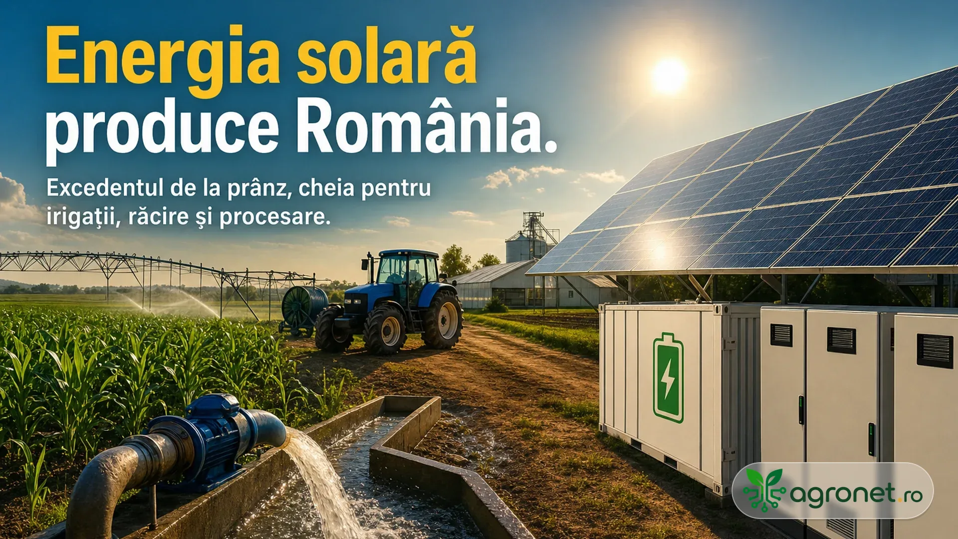 Panouri solare lângă un câmp irigat, cu tractor, pompă de apă și echipamente de stocare a energiei.