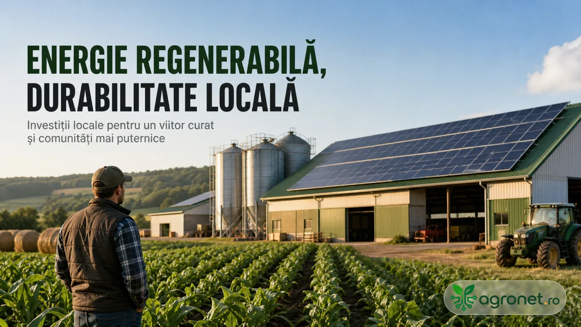 Fermă rurală cu panouri solare amplasate lângă o clădire agricolă