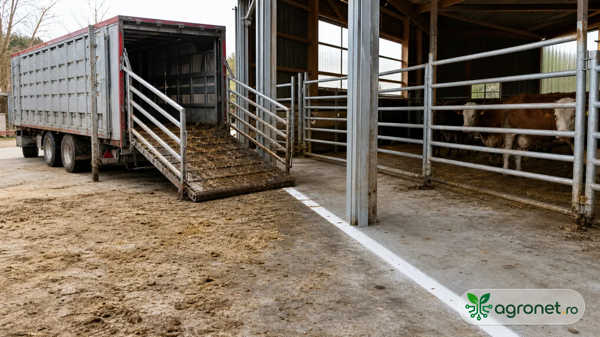 Remorcă pentru bovine oprită la exteriorul unei rampe de încărcare, cu limită vizibilă între accesul vehiculului și zona curată a fermei.