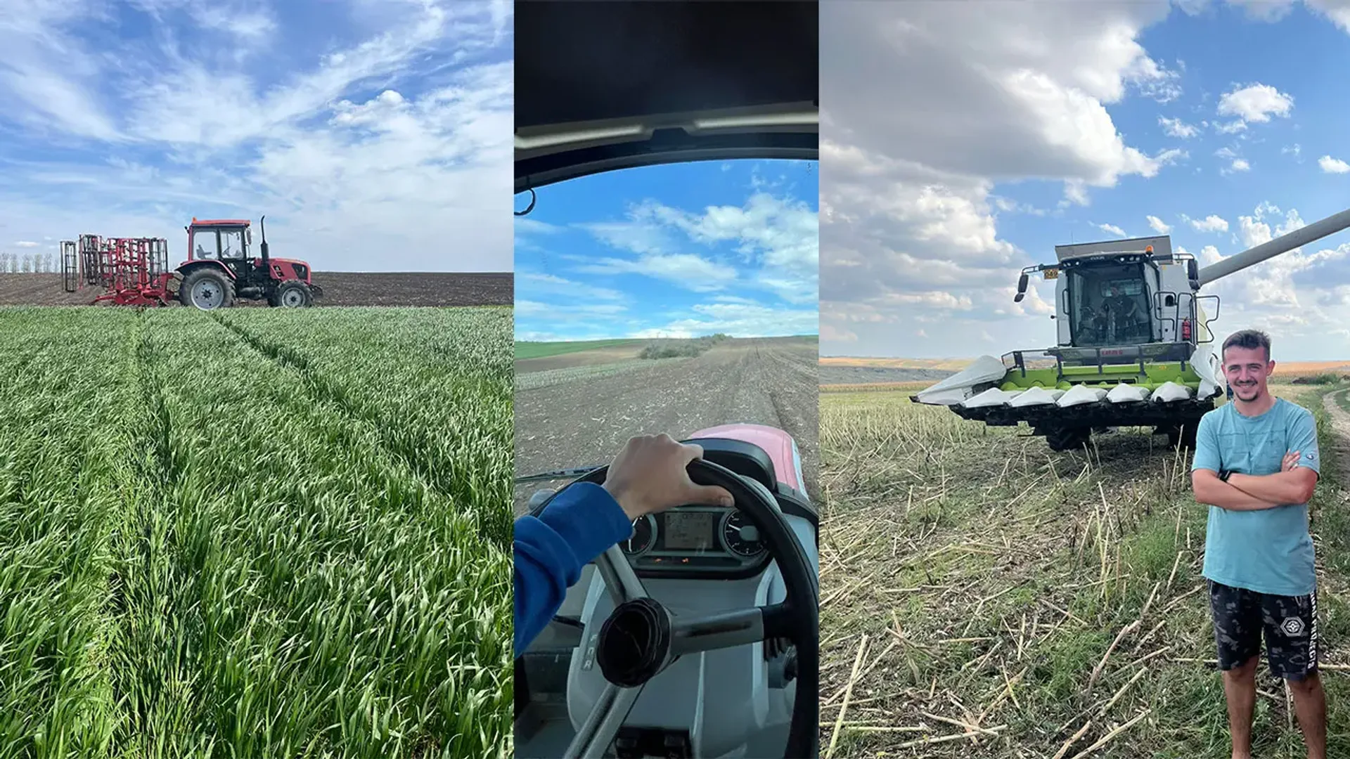 Colaj cu tractor la lucrări pe câmp, vedere din cabina tractorului și un tânăr lângă o combină pe un teren cu resturi vegetale.