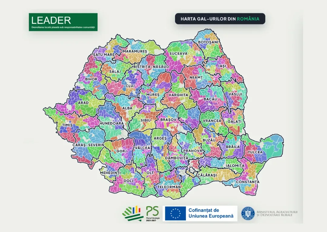 Hartă colorată a GAL-urilor din România, cu județe și zone delimitate