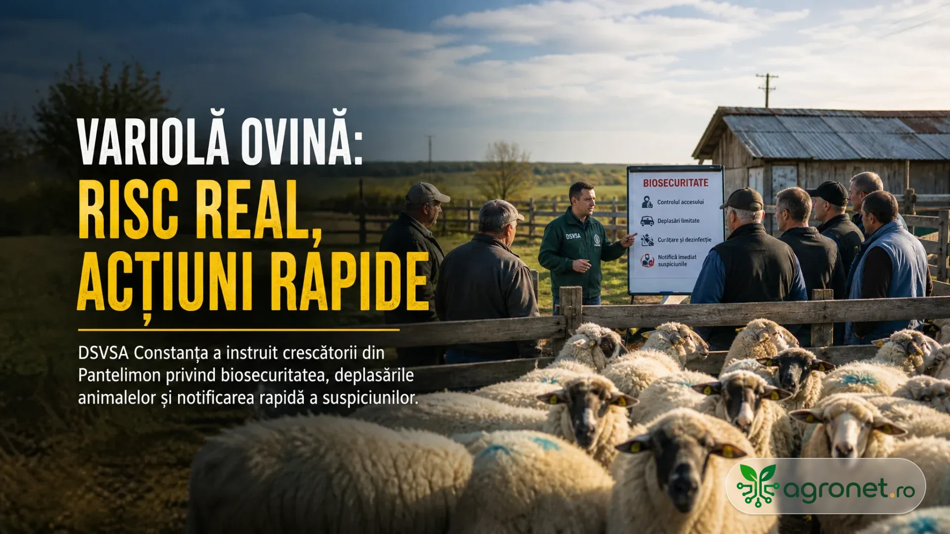 Grup de crescători lângă un țarc cu oi, ascultând o prezentare despre biosecuritate la fermă.