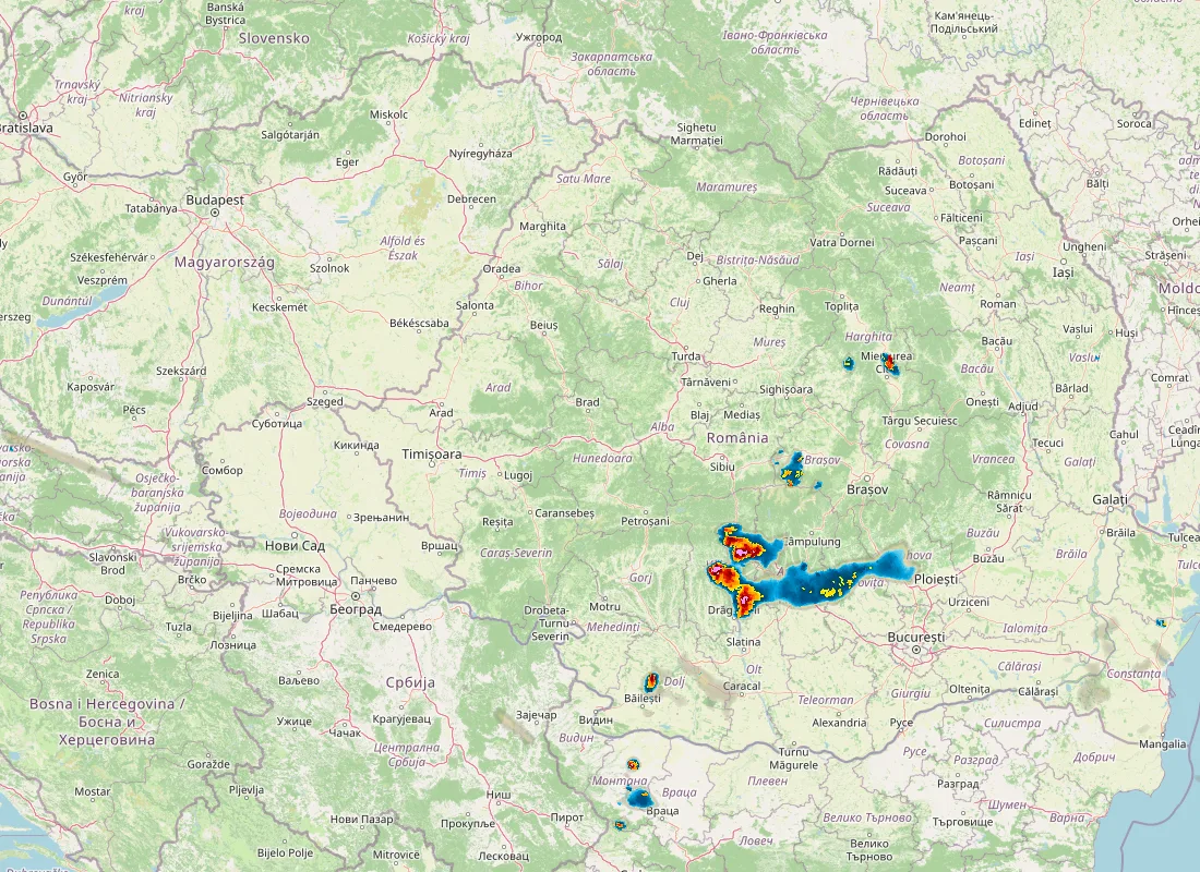 Hartă radar RainViewer cu precipitațiile din România pentru buletinul Meteo agricol România de la ora 21:00.