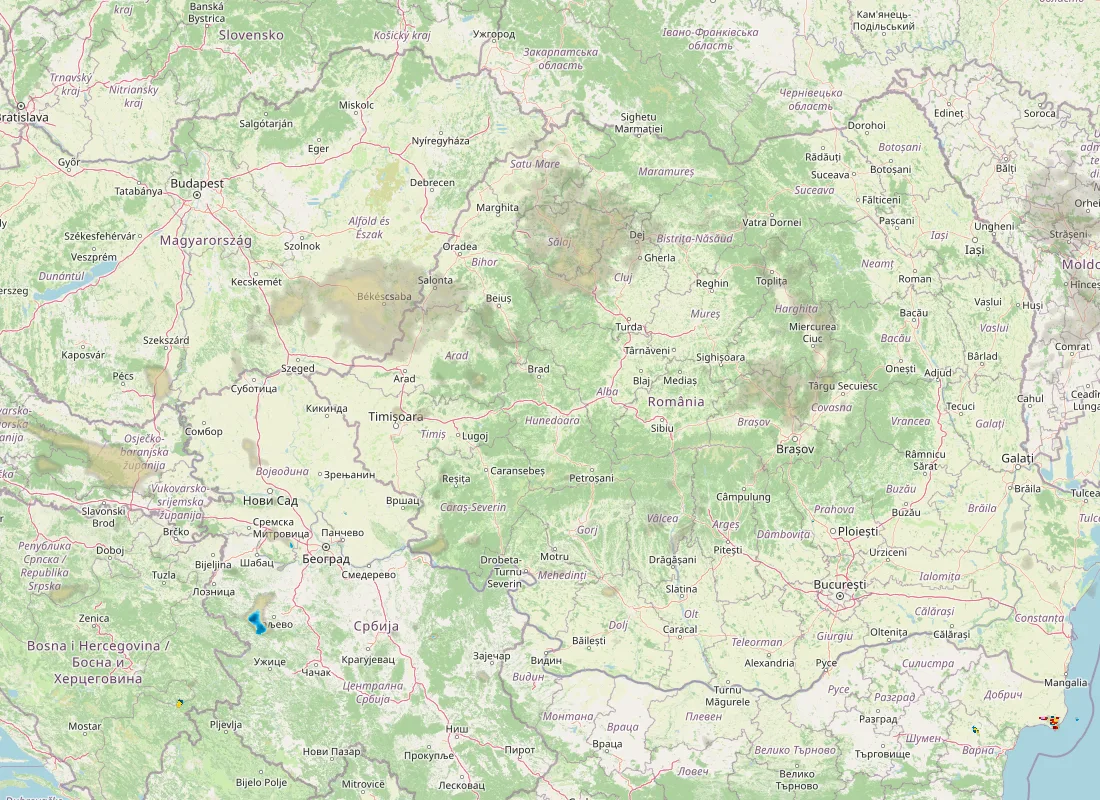 Hartă radar RainViewer cu precipitațiile din România pentru buletinul Meteo agricol România de la ora 05:00.