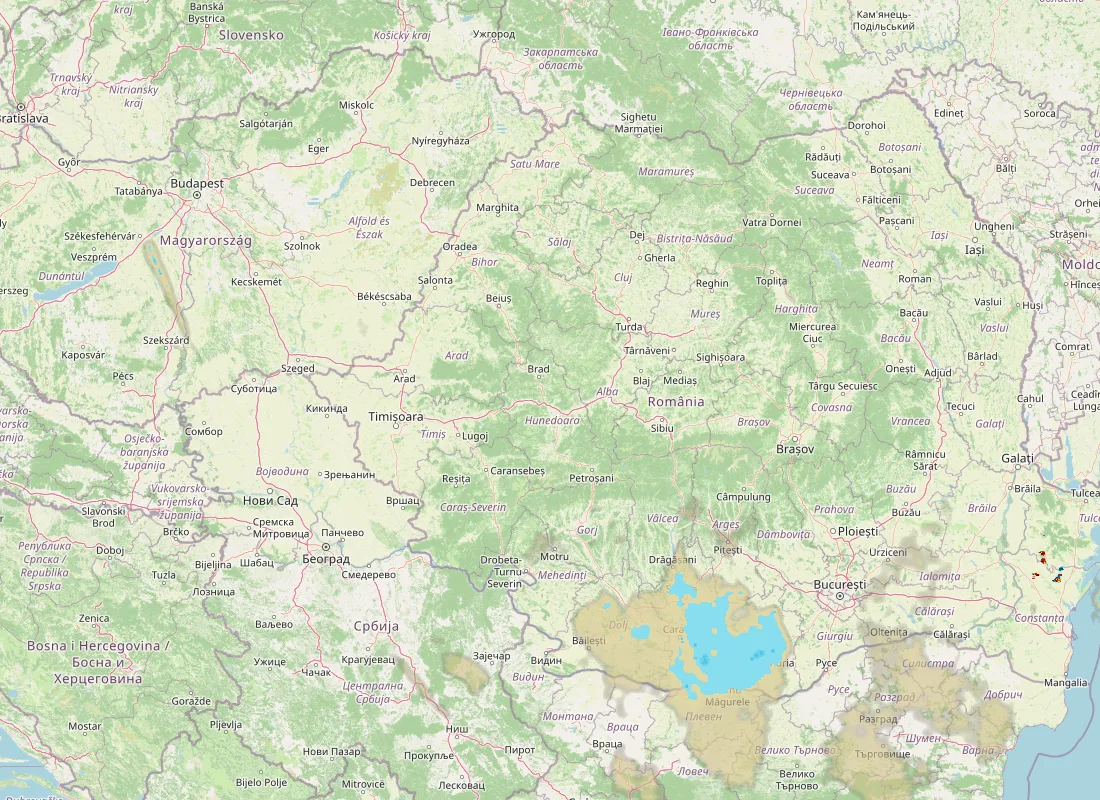 Hartă radar RainViewer cu precipitațiile din România pentru buletinul Meteo agricol România de la ora 21:00.