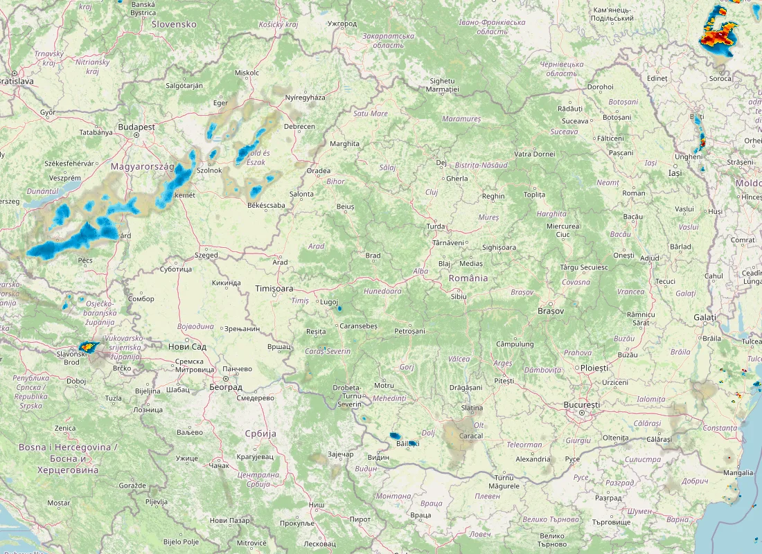 Hartă radar RainViewer cu precipitațiile din România pentru buletinul Meteo agricol România de la ora 21:00.