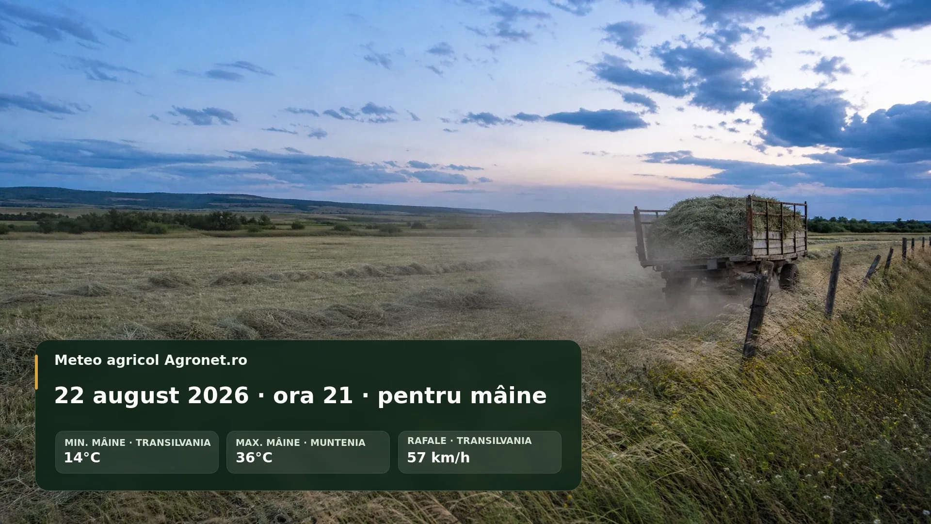 Câmp agricol românesc în lumină de seară, cu utilaje pregătite pentru ziua următoare