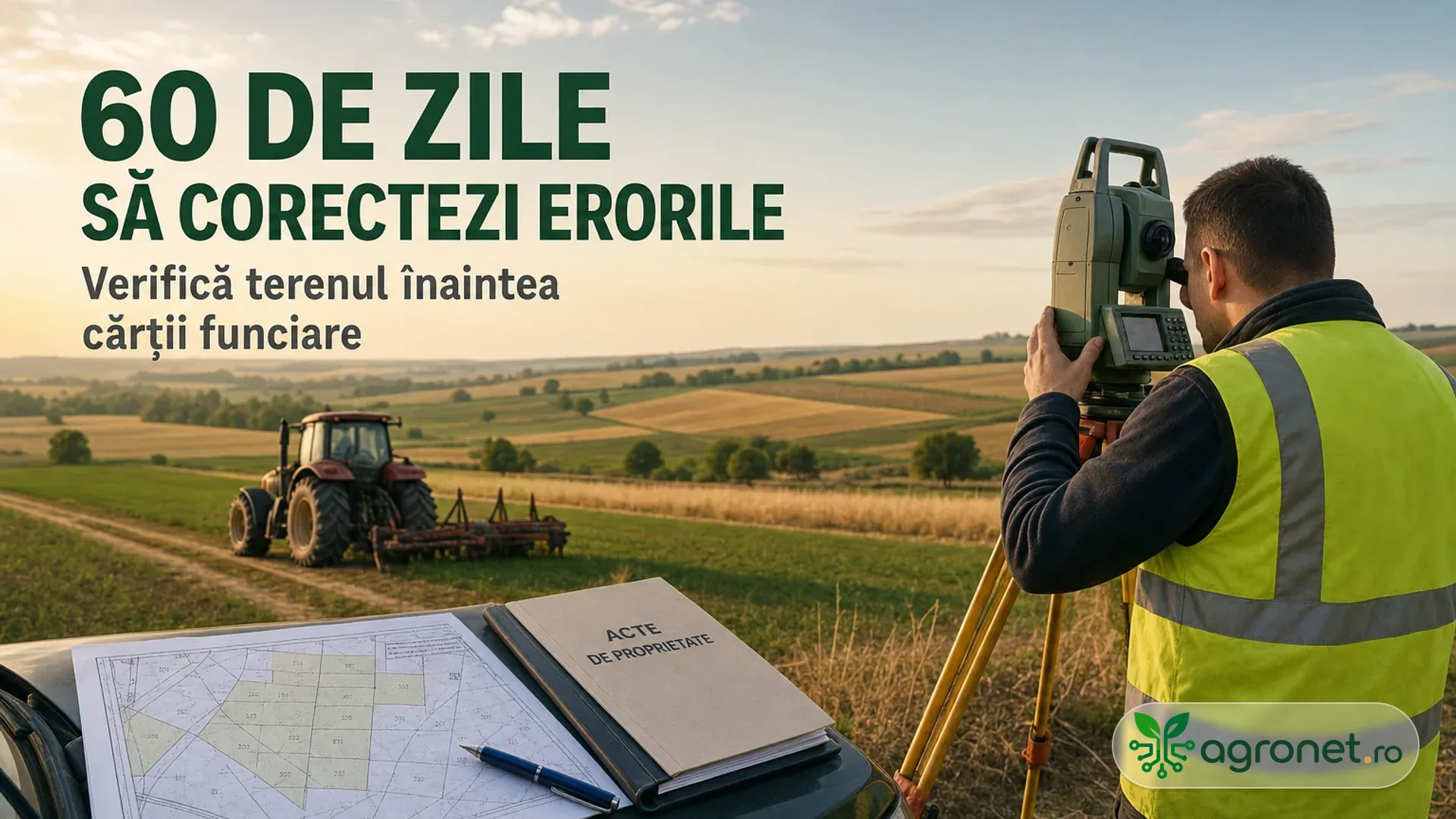 Topograf cu stație totală lângă hărți cadastrale, pe un teren agricol unde lucrează un tractor.