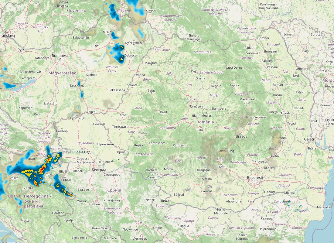 Hartă radar RainViewer cu precipitațiile din România pentru buletinul Meteo agricol România de la ora 05:00.