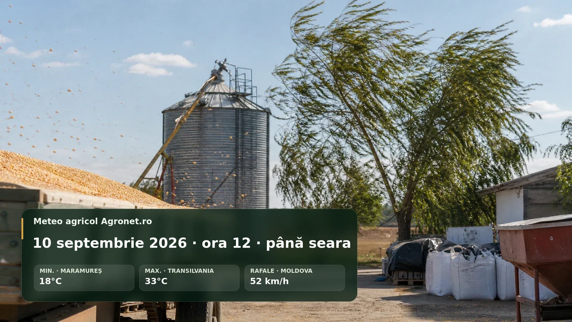 Utilaj agricol într-un câmp de toamnă, pe vreme însorită și cu vânt