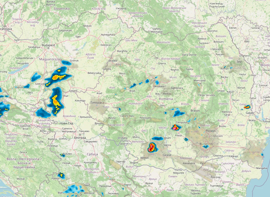 Hartă radar RainViewer cu precipitațiile din România pentru buletinul Meteo agricol România de la ora 21:00.