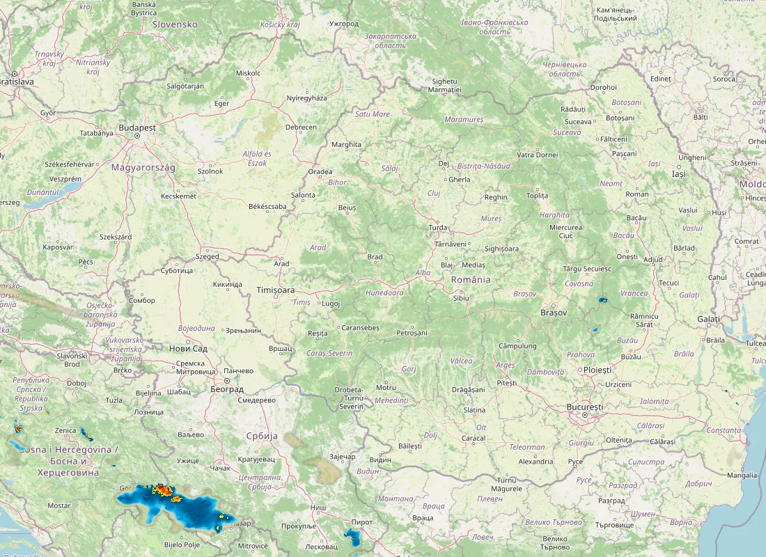 Hartă radar RainViewer cu precipitațiile din România pentru buletinul Meteo agricol România de la ora 18:00.