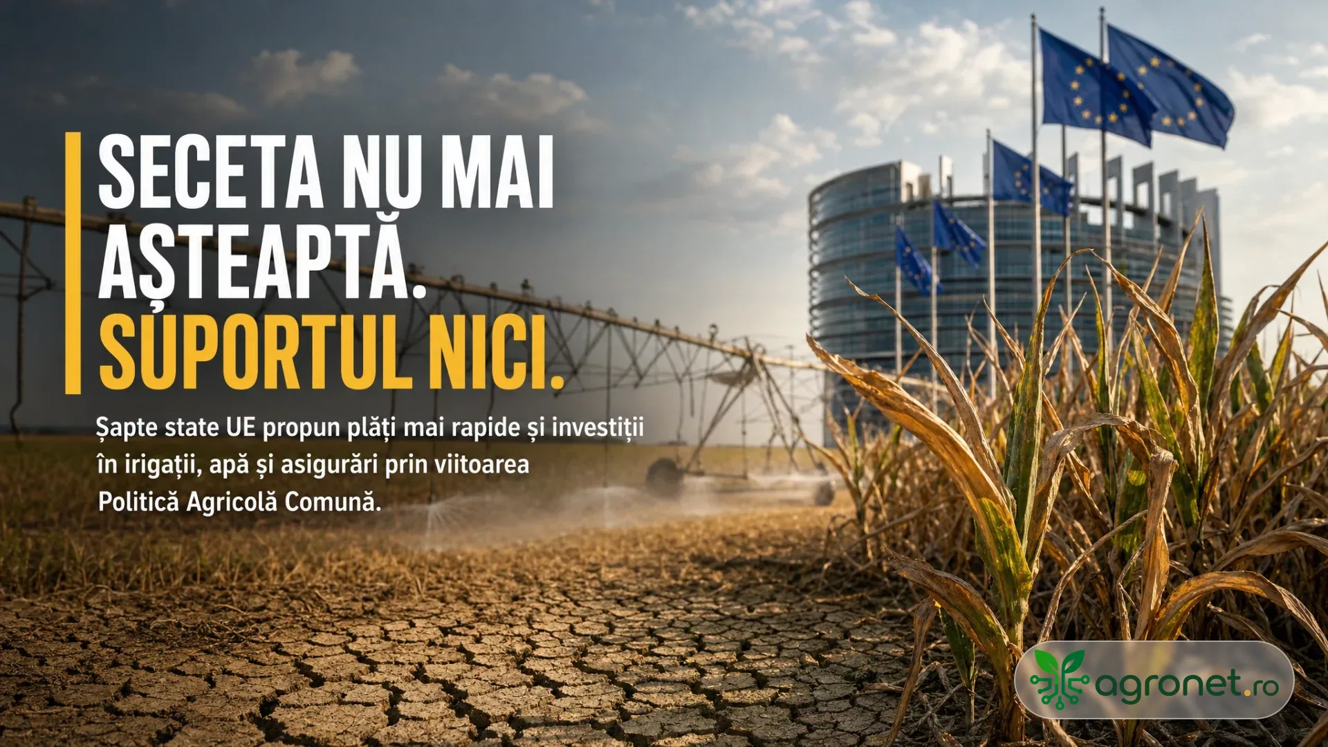 Cultură uscată pe sol crăpat, cu sistem de irigații în fundal și steaguri ale Uniunii Europene lângă o clădire instituțională.