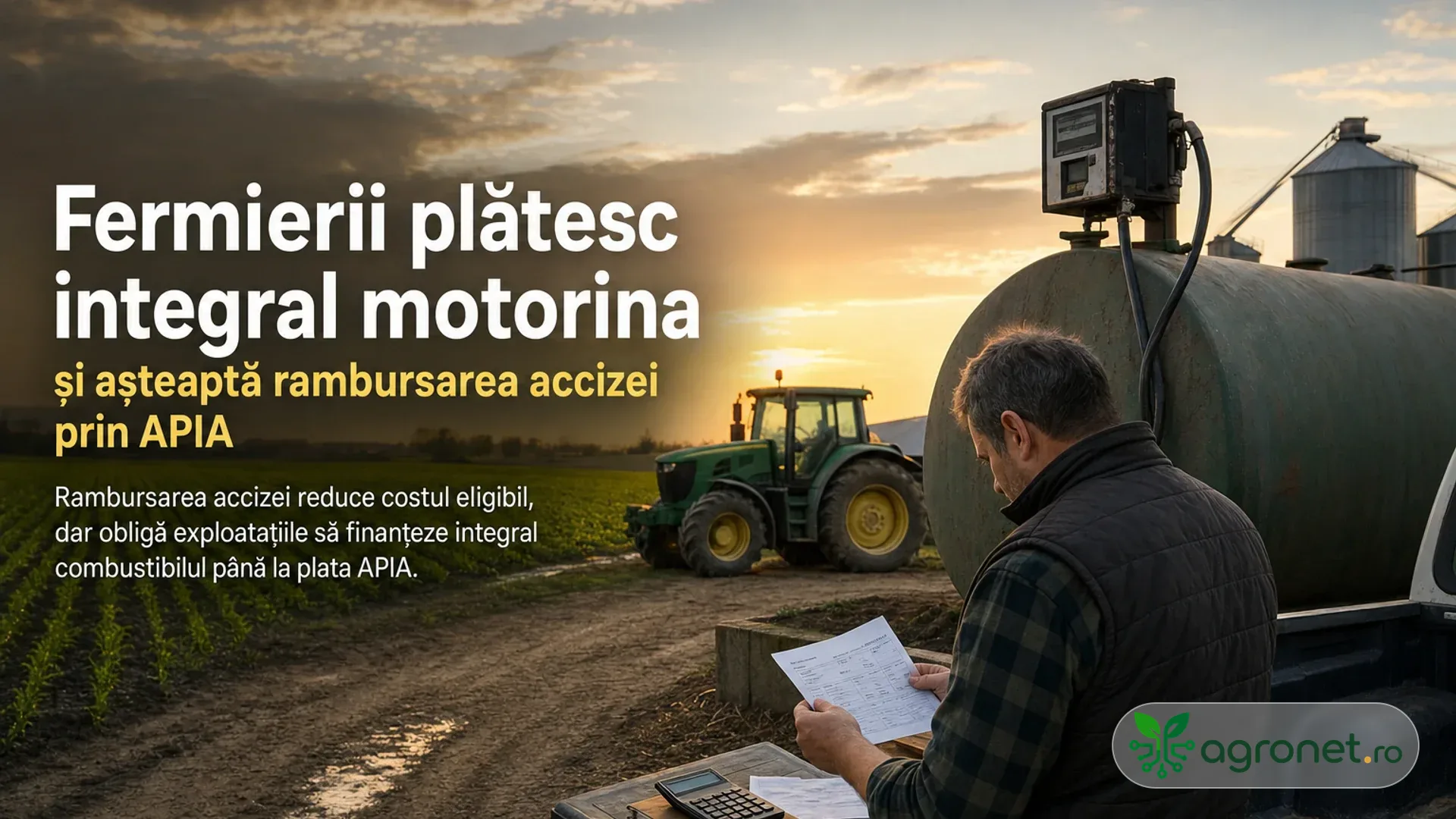 Fermier cu documente lângă un rezervor de combustibil, cu tractor pe un drum de câmp la apus.