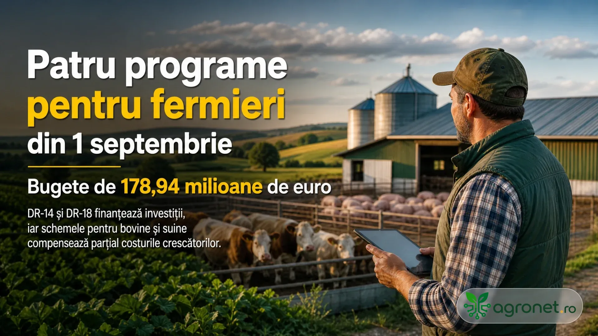 Fermier cu tabletă lângă țarcuri cu bovine și suine, în apropierea unor silozuri și culturi agricole.