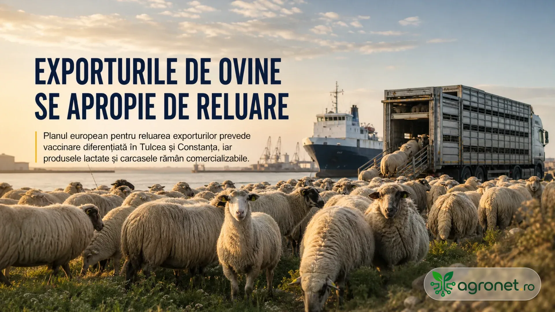 Turmă de oi lângă un camion de transport animale și o navă acostată în port.