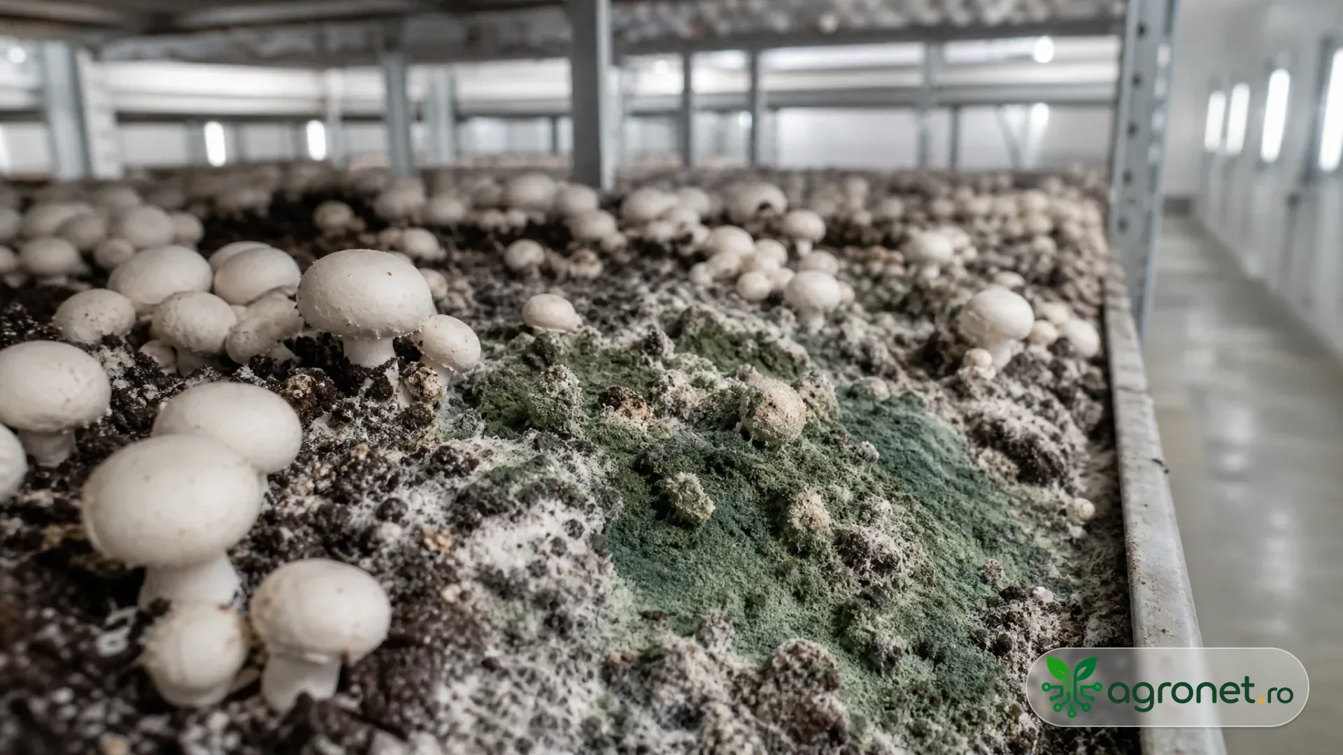 Rafturi cu ciuperci champignon într-o hală modernă, cu o zonă mică de compost care prezintă o sporulare verde suspectă.