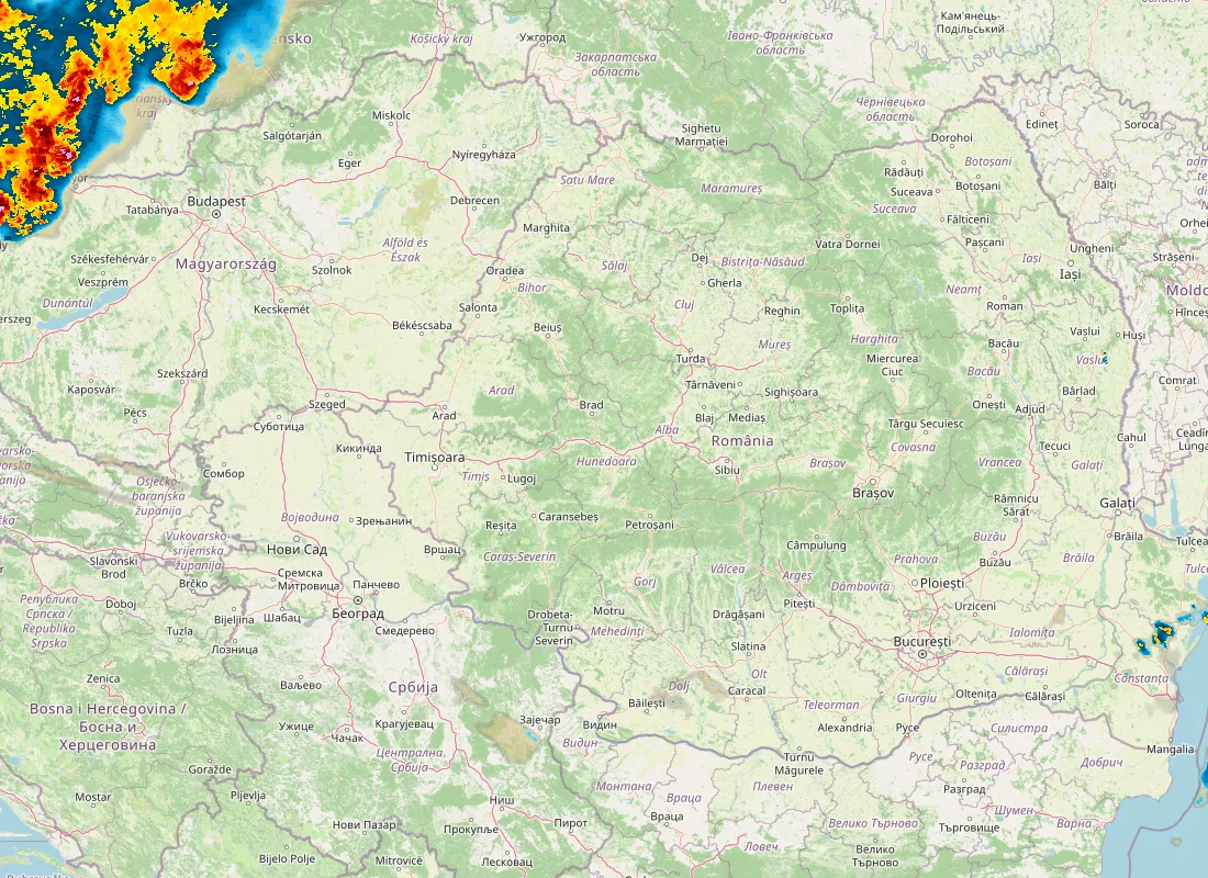 Hartă radar RainViewer cu precipitațiile din România pentru buletinul Meteo agricol România de la ora 21:00.
