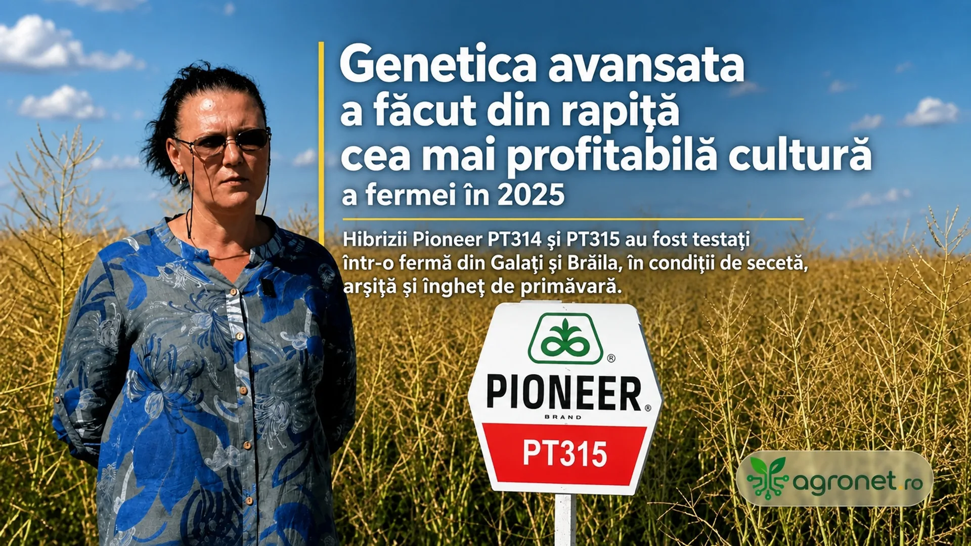 Femeie stând într-un lan de rapiță matură, lângă un indicator Pioneer PT315, sub cer senin.