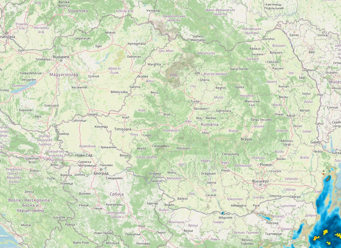 Hartă radar RainViewer cu precipitațiile din România pentru buletinul Meteo agricol România de la ora 05:00.