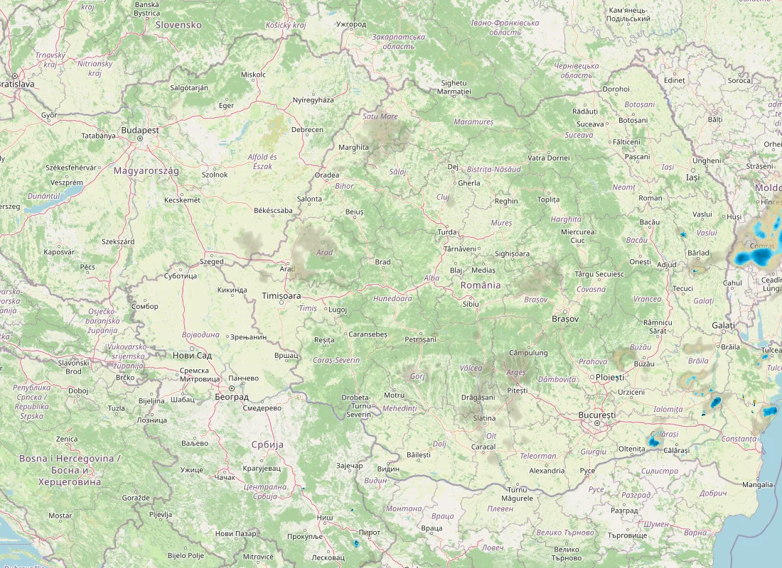 Hartă radar RainViewer cu precipitațiile din România pentru buletinul Meteo agricol România de la ora 05:00.