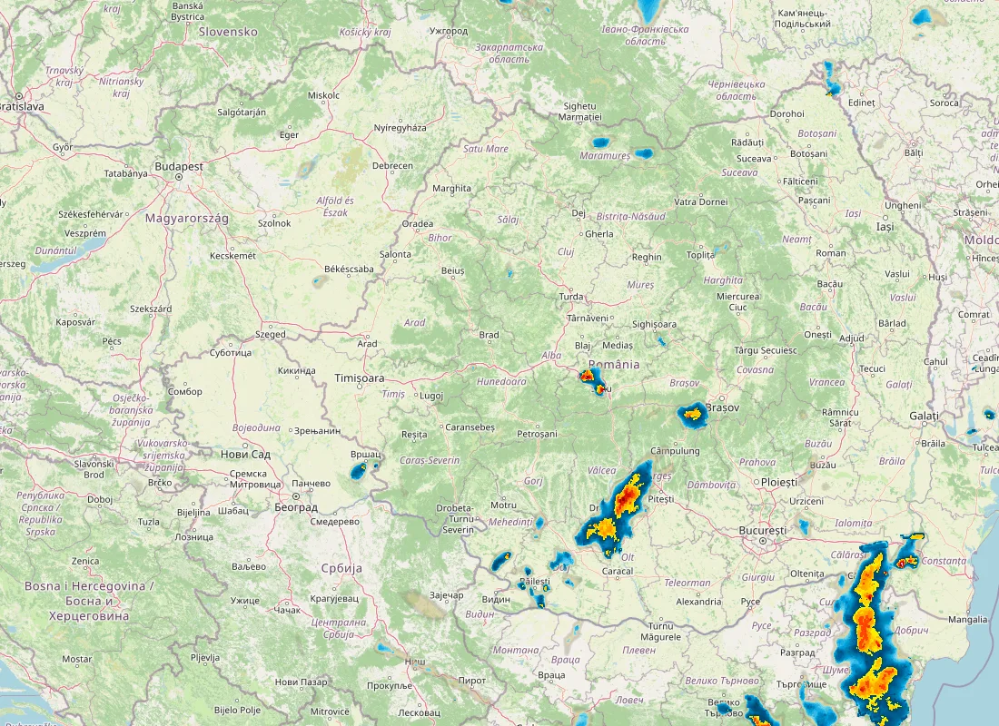 Hartă radar RainViewer cu precipitațiile din România pentru buletinul Meteo agricol România de la ora 21:00.