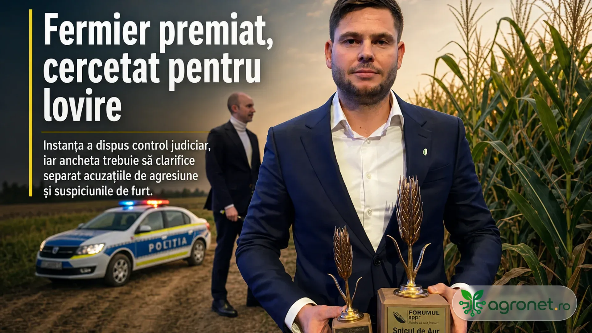 Bărbat în costum ținând două trofee în formă de spice, lângă un lan de porumb, cu o mașină de poliție pe un drum de câmp.