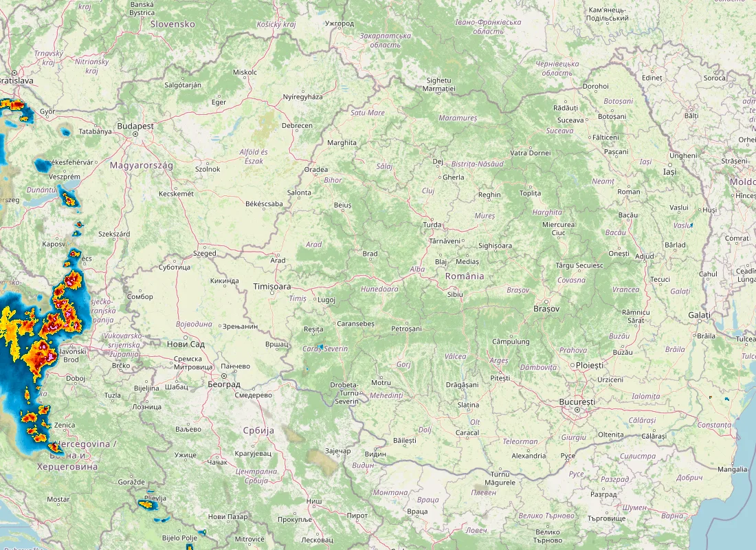 Hartă radar RainViewer cu precipitațiile din România pentru buletinul Meteo agricol România de la ora 18:00.