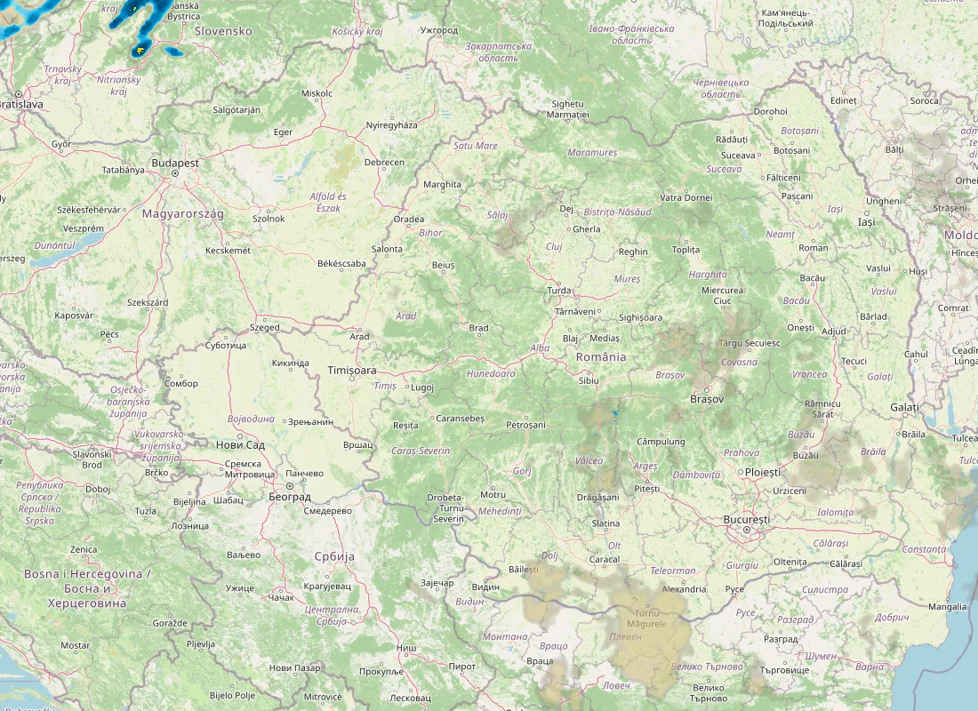 Hartă radar RainViewer cu precipitațiile din România pentru buletinul Meteo agricol România de la ora 05:00.