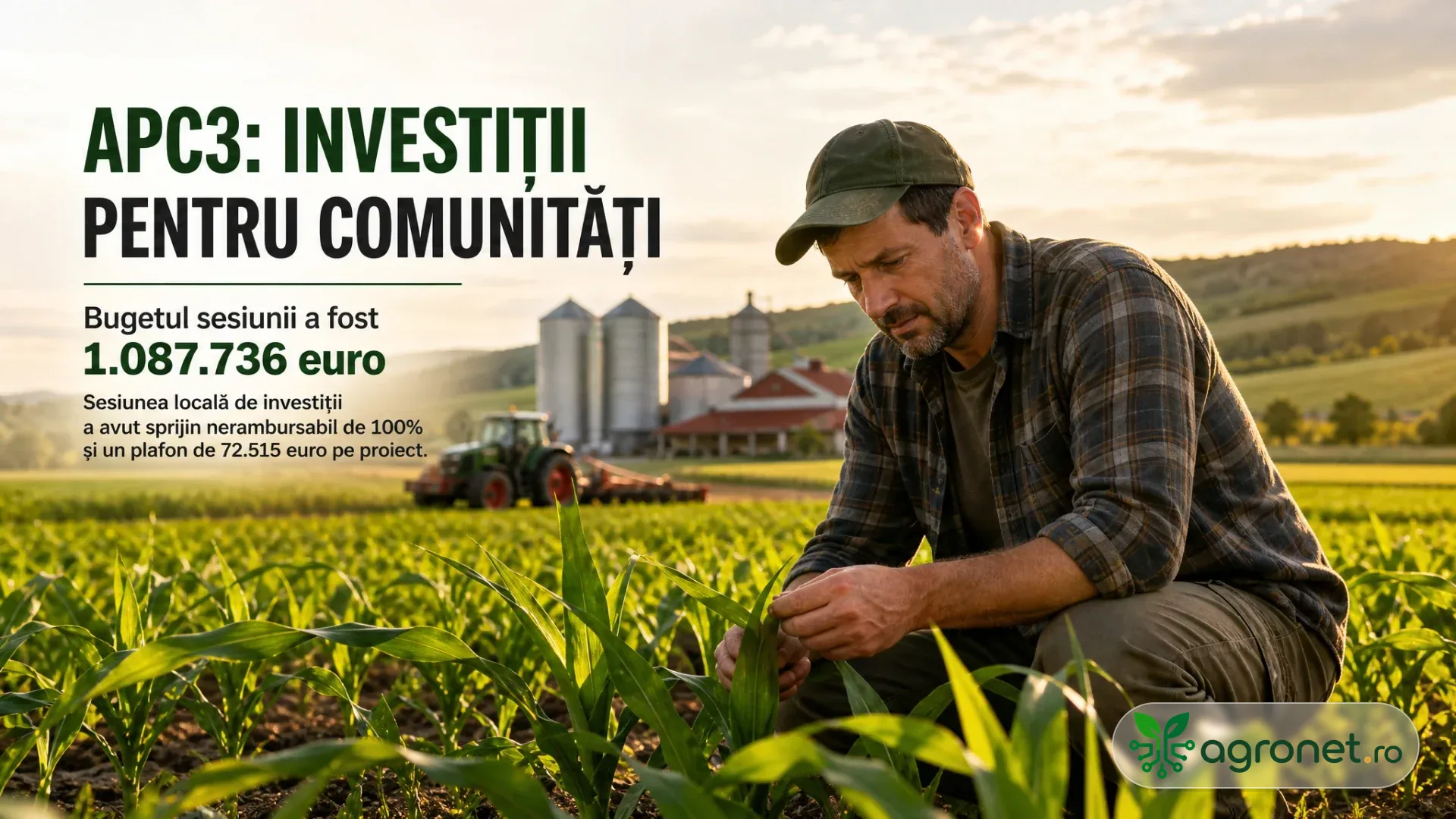 Fermier verificând o cultură agricolă într-o zonă rurală, lângă o fermă