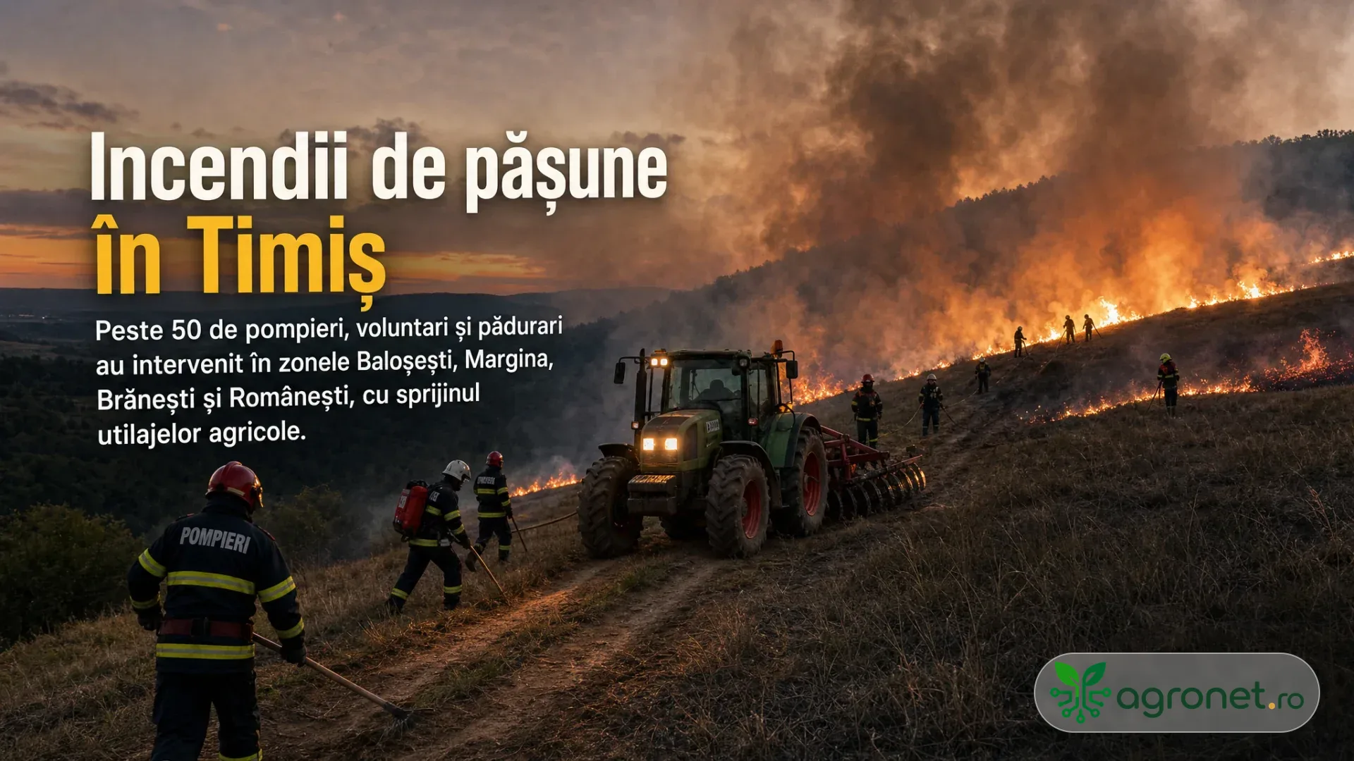 Pompieri și un tractor intervin pe o pășune uscată, lângă o linie de foc și fum pe versant.