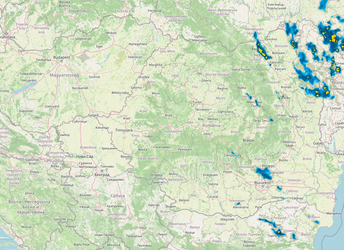 Hartă radar RainViewer cu precipitațiile din România pentru buletinul Meteo agricol România de la ora 05:00.