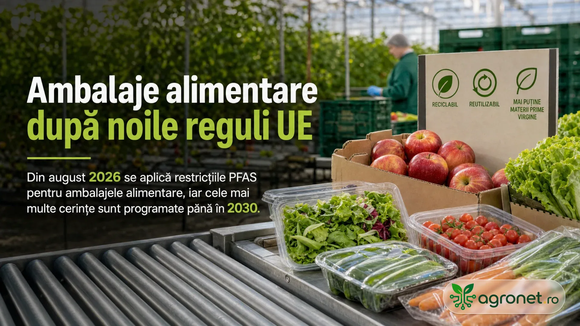 Fructe și legume ambalate în plastic și carton pe o bandă cu role, într-un spațiu de sortare horticolă.