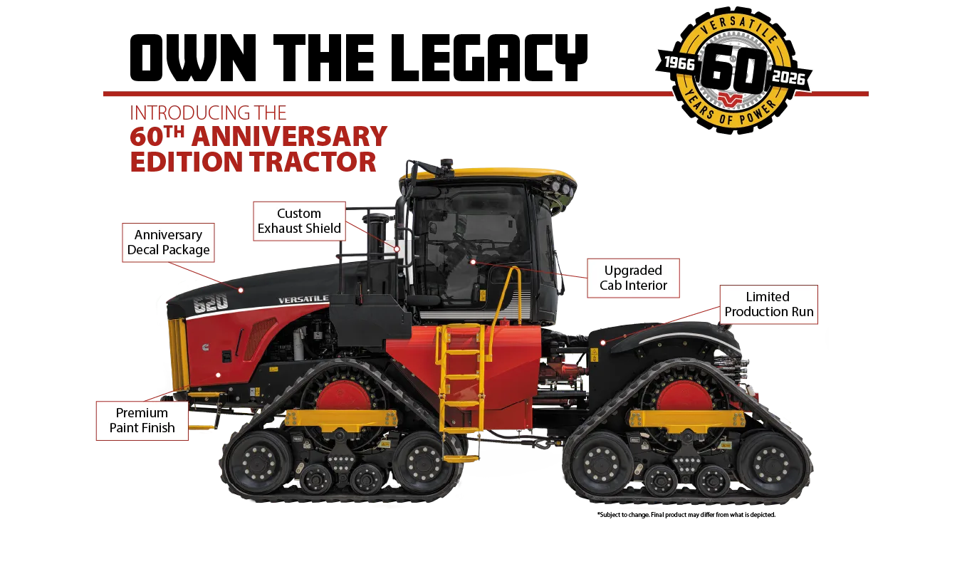 Tractor Versatile DeltaTrack aniversar, pe șenile, prezentat lateral cu dotări evidențiate