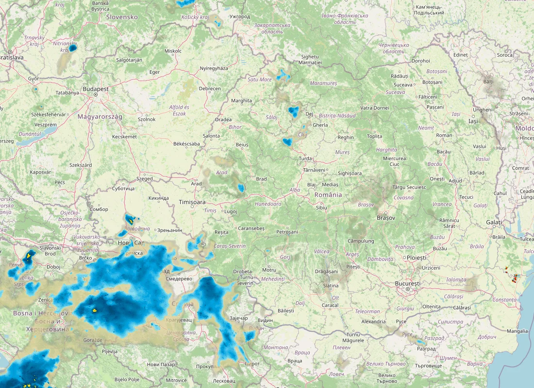 Hartă radar RainViewer cu precipitațiile din România pentru buletinul Meteo agricol România de la ora 05:00.