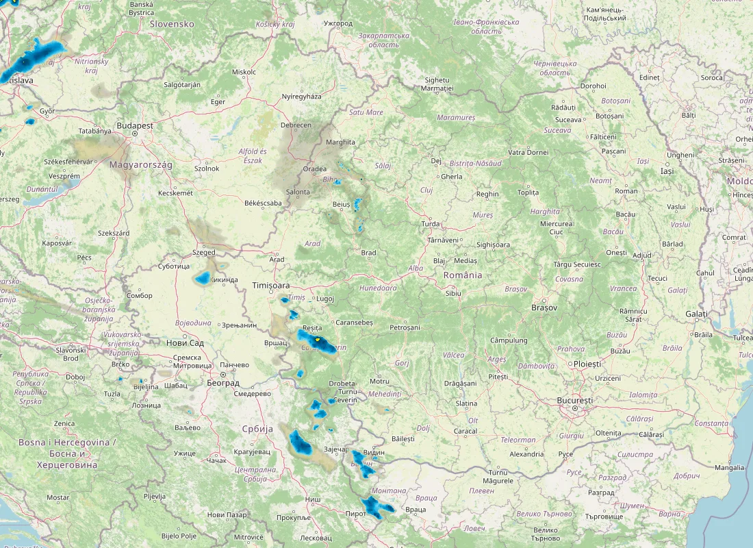 Hartă radar RainViewer cu precipitațiile din România pentru buletinul Meteo agricol România de la ora 21:00.